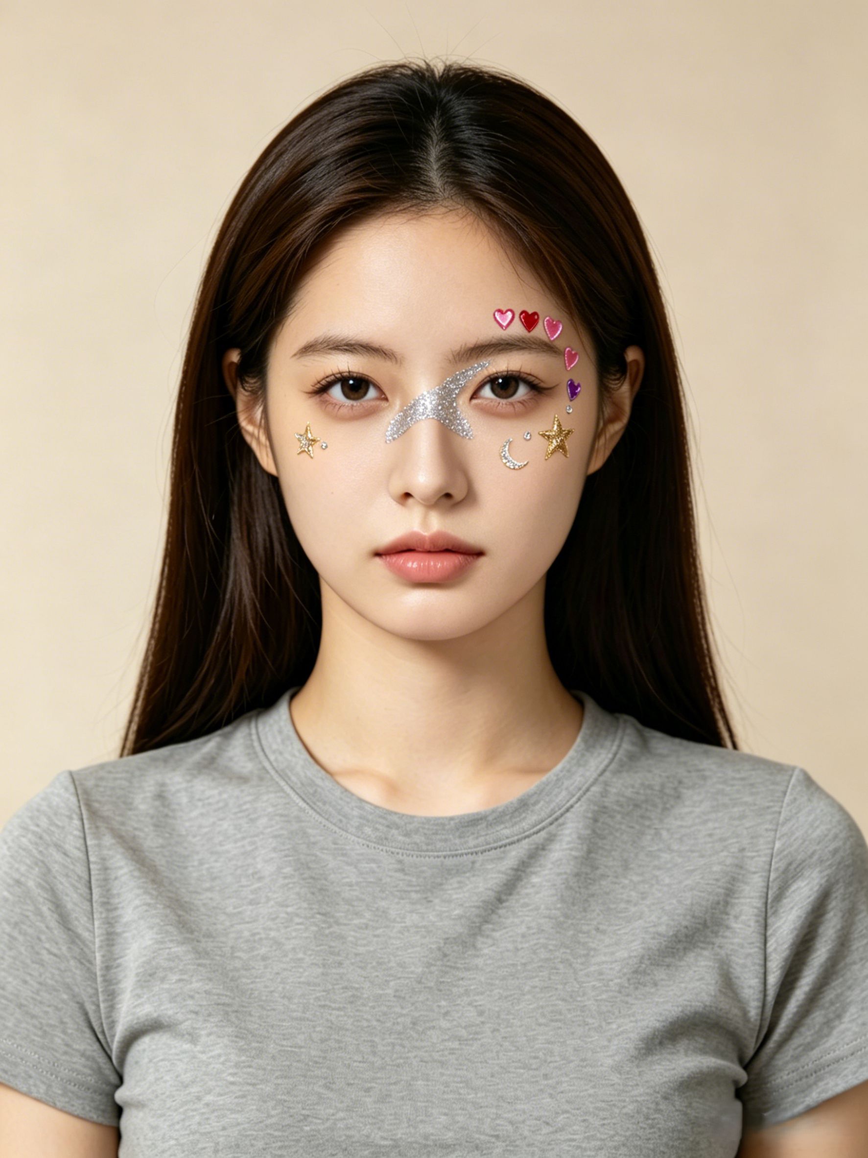 단색 배경 참조 + 스티커 메이크업 스타일 — 일관된 특징과 선명한 장식 디테일로 합성.