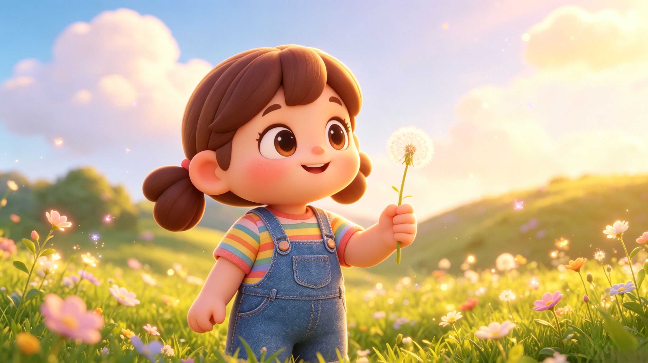 실사 꽃밭 사진 → 쌍꼬리와 민들레 장면이 보존된 픽사 3D 스타일.
