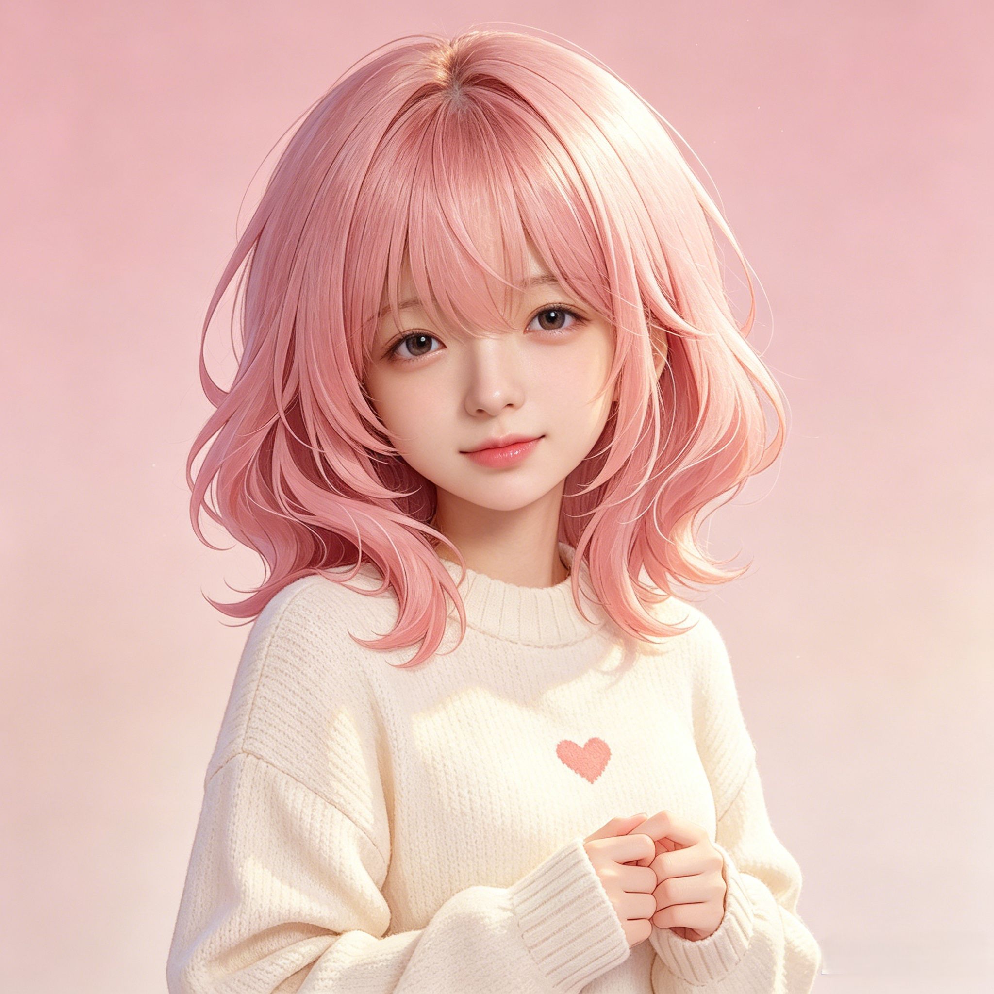 粉色短发动漫少女 → 逼真真人肖像，发型与毛衣风格一致。