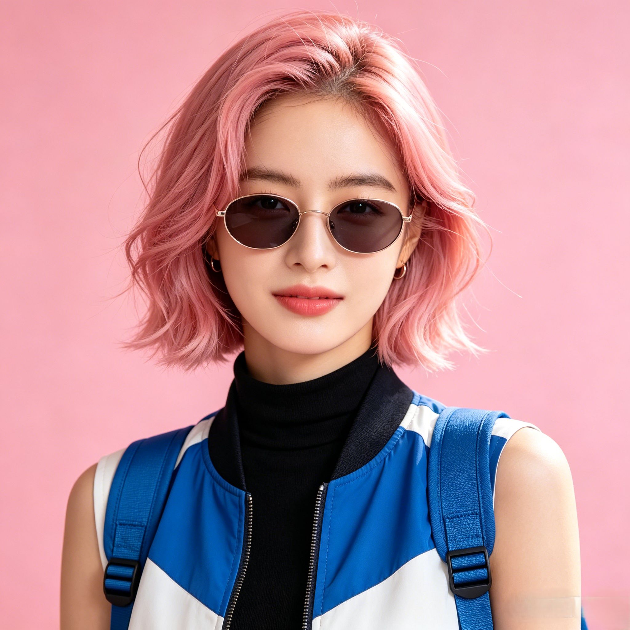 베이지 V넥 일상 사진 → 핑크 단발 트렌디 소셜 아바타.