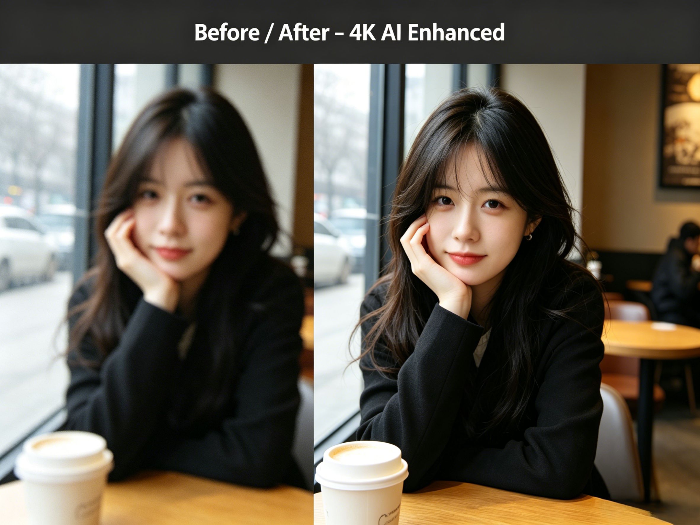 咖啡厅模糊噪点人像 → 4K AI 增强，去噪锐化、细节与色彩全面提升。